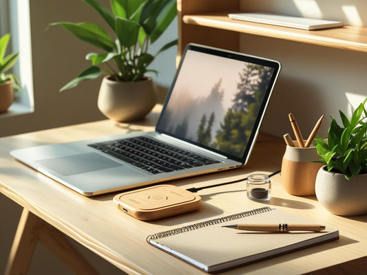 Minimalist Workspace Featuring Bamboo Charger: clean and organized desk setup with bamboo wireless charger