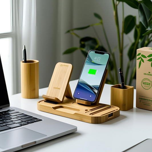 Bamboo Tech Product Display: eco-friendly bamboo tech accessories displayed on wooden table