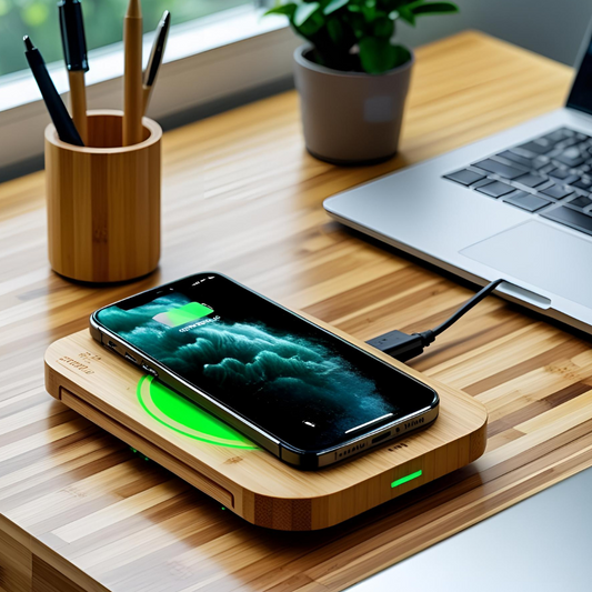 Bamboo Charger on Desk: modern bamboo wireless charger on office desk