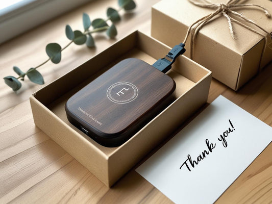 Bamboo Wireless Charger on Desk: eco-friendly bamboo wireless charger placed on modern workspace