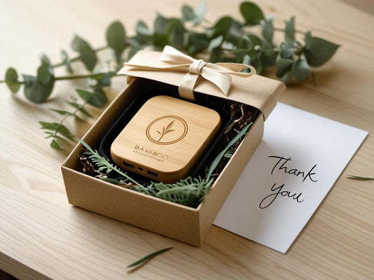 Corporate Bamboo Tech Gift Set: eco-friendly corporate gift set featuring bamboo wireless charger and accessories