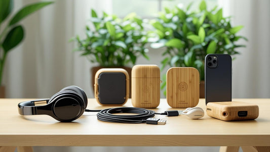 eco-friendly sustainable tech gadgets displayed on a modern desk with greenery and natural light