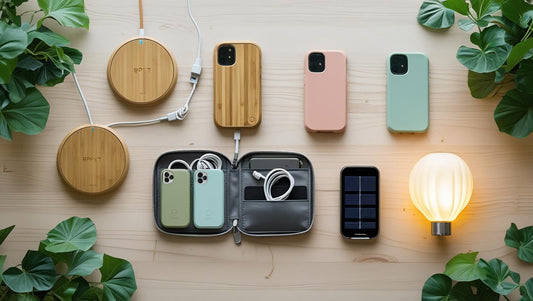 eco-friendly tech accessories for 2025 including bamboo chargers, solar gadgets, and sustainable organizers on a clean modern desk