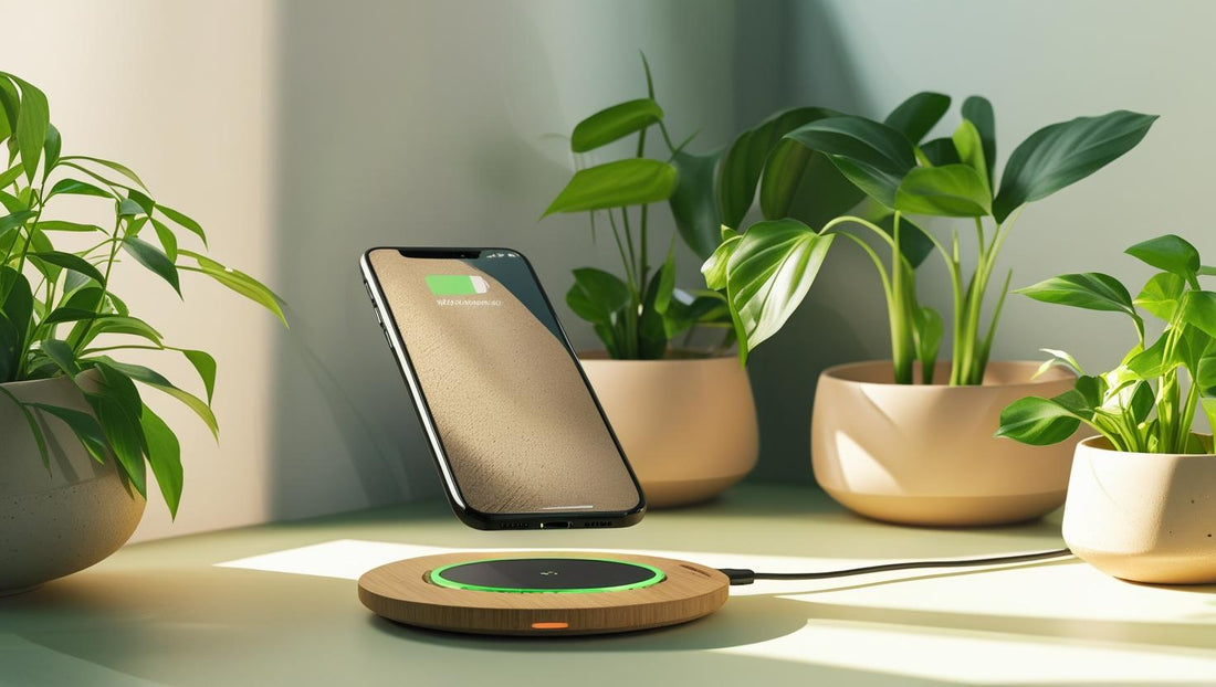 Edsonsoon bamboo wireless charger on minimalist desk with smartphone, showcasing sustainable design and modern eco-friendly living