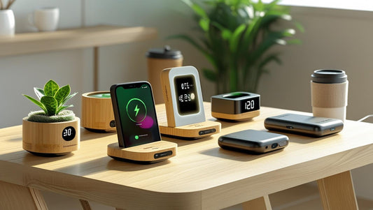 Bamboo Tech Accessories Collection: collection of eco-friendly bamboo tech accessories on wooden table