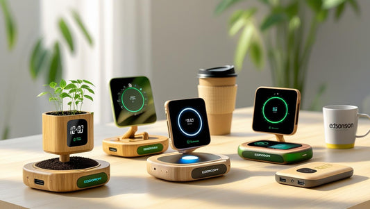 Bamboo Charger on a Modern Desk Setup: Edsonsoon wireless charger on minimalist desk with newest smartphone models