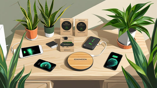 eco-conscious Edsonsoon bamboo wireless charger on a clean, minimalist desk with green accents