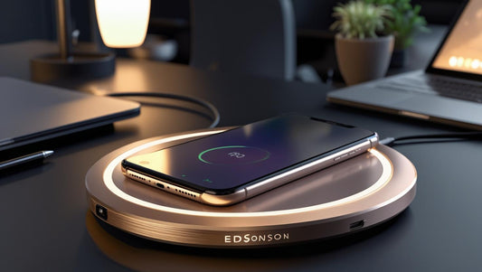 Materials Close-Up (Bamboo or Recycled Plastic): close-up of eco-friendly bamboo material used in Edsonsoon chargers