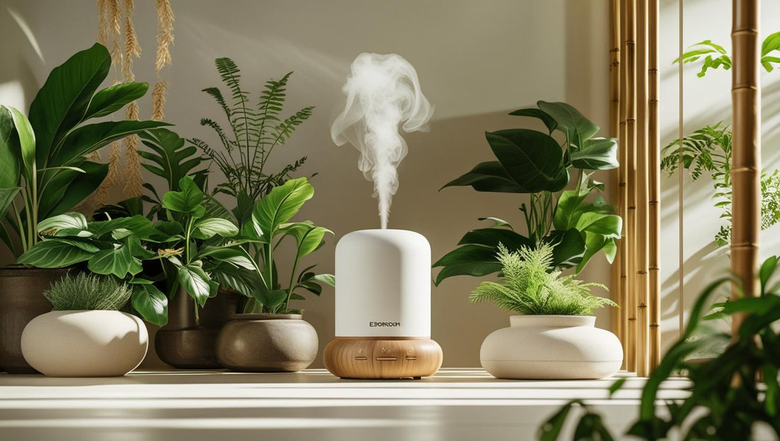 Edsonsoon eco-friendly diffuser emitting mist in a natural, minimalist living space with plants and bamboo decor