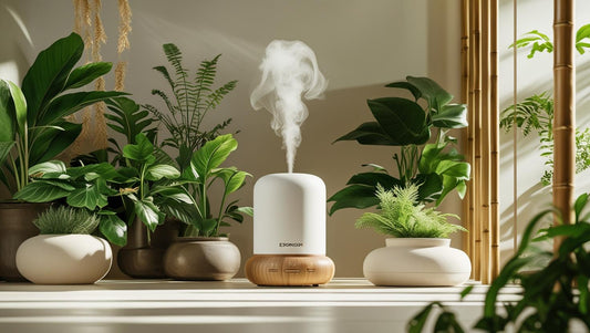 Edsonsoon eco-friendly diffuser emitting mist in a natural, minimalist living space with plants and bamboo decor