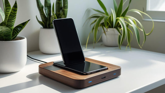 sleek bamboo wireless charger charging smartphone on clean desk with plants