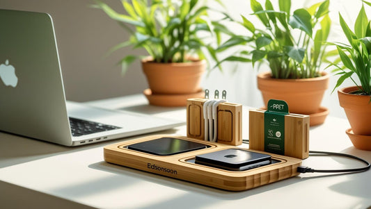 modern workspace with Edsonsoon eco-friendly tech accessories including bamboo wireless charger and RPET organizer, promoting sustainability