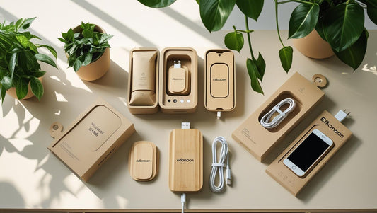 sustainable tech accessories by Edsonsoon including bamboo charger and RPET organizer on eco-friendly workspace