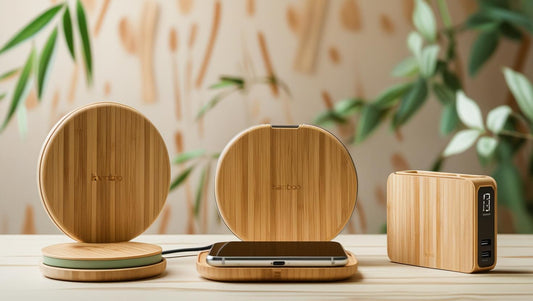 Minimalist Bamboo Tech Accessory on Desk: minimalist bamboo wireless charger on clean modern workspace
