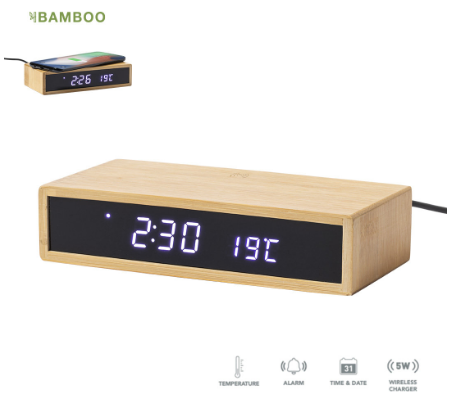 MT526 Bamboo Wireless Charging Alarm Clock – Eco-Friendly Fast Charger with Time, Date & Temperature Display
