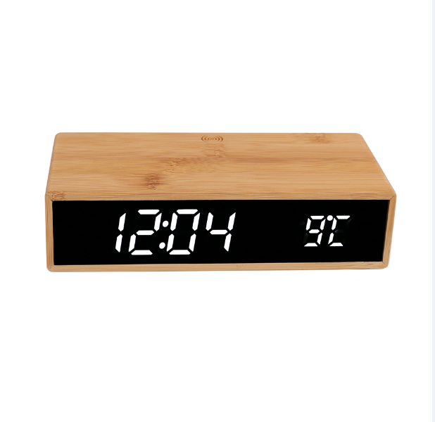 MT526 Bamboo Wireless Charging Alarm Clock – Eco-Friendly Fast Charger with Time, Date & Temperature Display