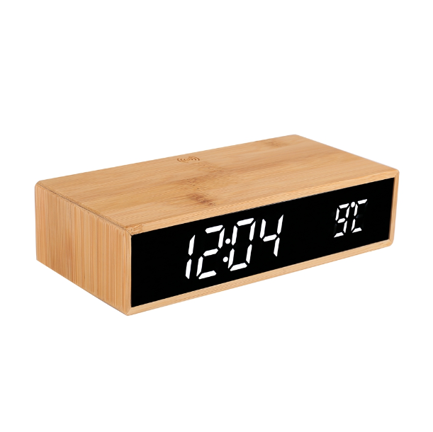 MT526 Bamboo Wireless Charging Alarm Clock – Eco-Friendly Fast Charger with Time, Date & Temperature Display