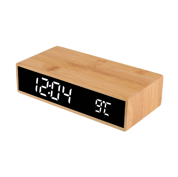 MT526 Bamboo Wireless Charging Alarm Clock – Eco-Friendly Fast Charger with Time, Date & Temperature Display