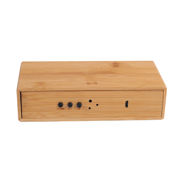 MT526 Bamboo Wireless Charging Alarm Clock – Eco-Friendly Fast Charger with Time, Date & Temperature Display