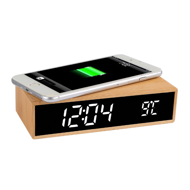 MT526 Bamboo Wireless Charging Alarm Clock – Eco-Friendly Fast Charger with Time, Date & Temperature Display