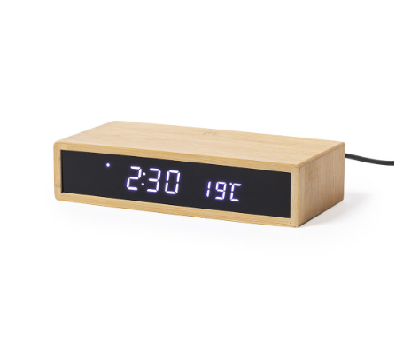 MT526 Bamboo Wireless Charging Alarm Clock – Eco-Friendly Fast Charger with Time, Date & Temperature Display