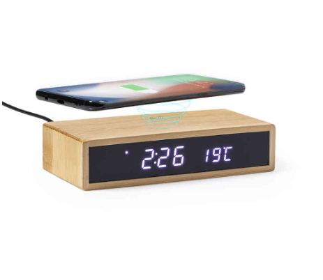 MT526 Bamboo Wireless Charging Alarm Clock – Eco-Friendly Fast Charger with Time, Date & Temperature Display