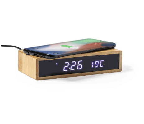 MT526 Bamboo Wireless Charging Alarm Clock – Eco-Friendly Fast Charger with Time, Date & Temperature Display