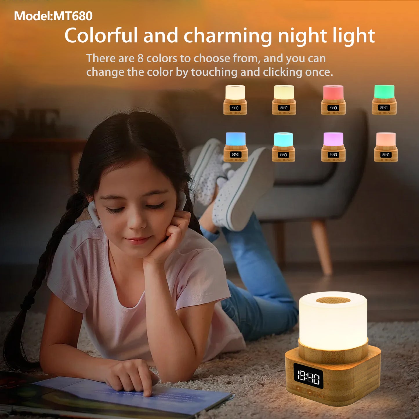 MT680 Bamboo Touch Night Light with Digital Clock – 8-Color LED Bedside Lamp