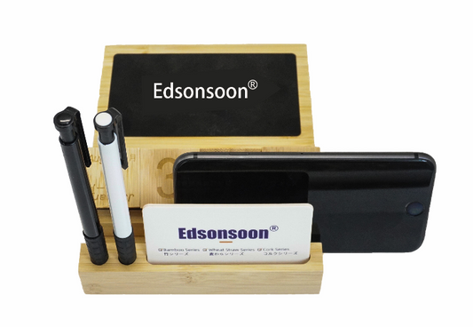 Edsonsoon MT555 Bamboo Desk Organizer with Calendar, Wireless Charger & Glow Logo – Multi-Function Desktop Accessory for iPhone, Samsung & Qi Devices