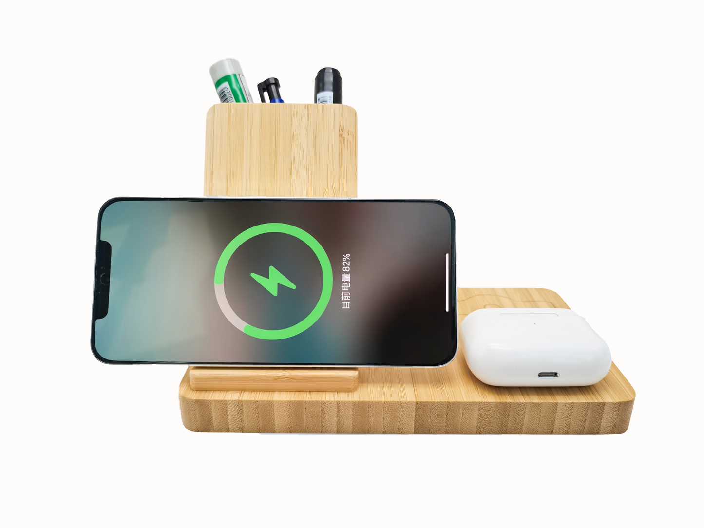 Edsonsoon MT511 Bamboo 6-in-1 Wireless Charging Dock – 15W Fast Charger for Phone, Watch & AirPods with Pen Holder & Stand