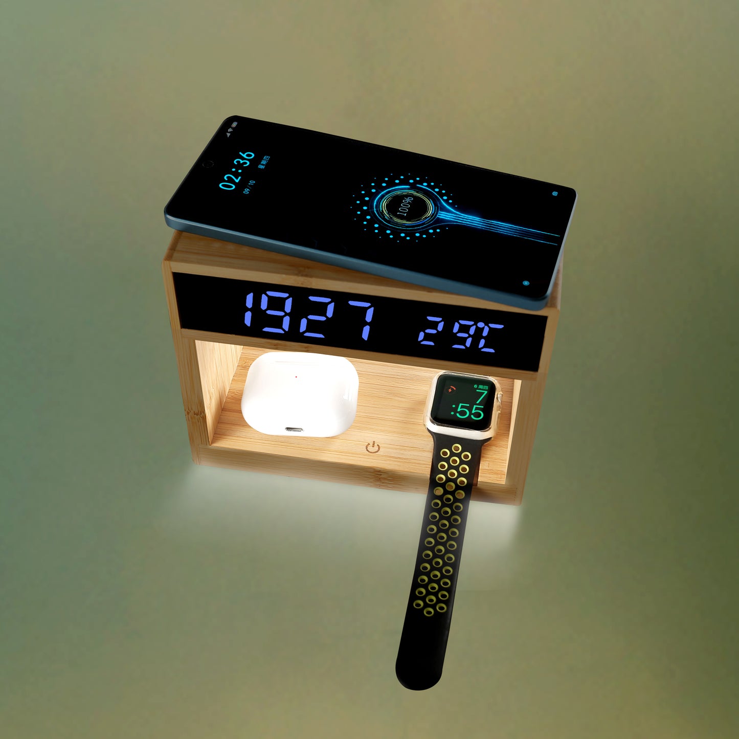 Edsonsoon MT503 Bamboo Wireless Charging Station with Alarm Clock, 15W Fast Phone Charger, Earbuds & Watch Charging Dock, Touch Control LED Table Lamp