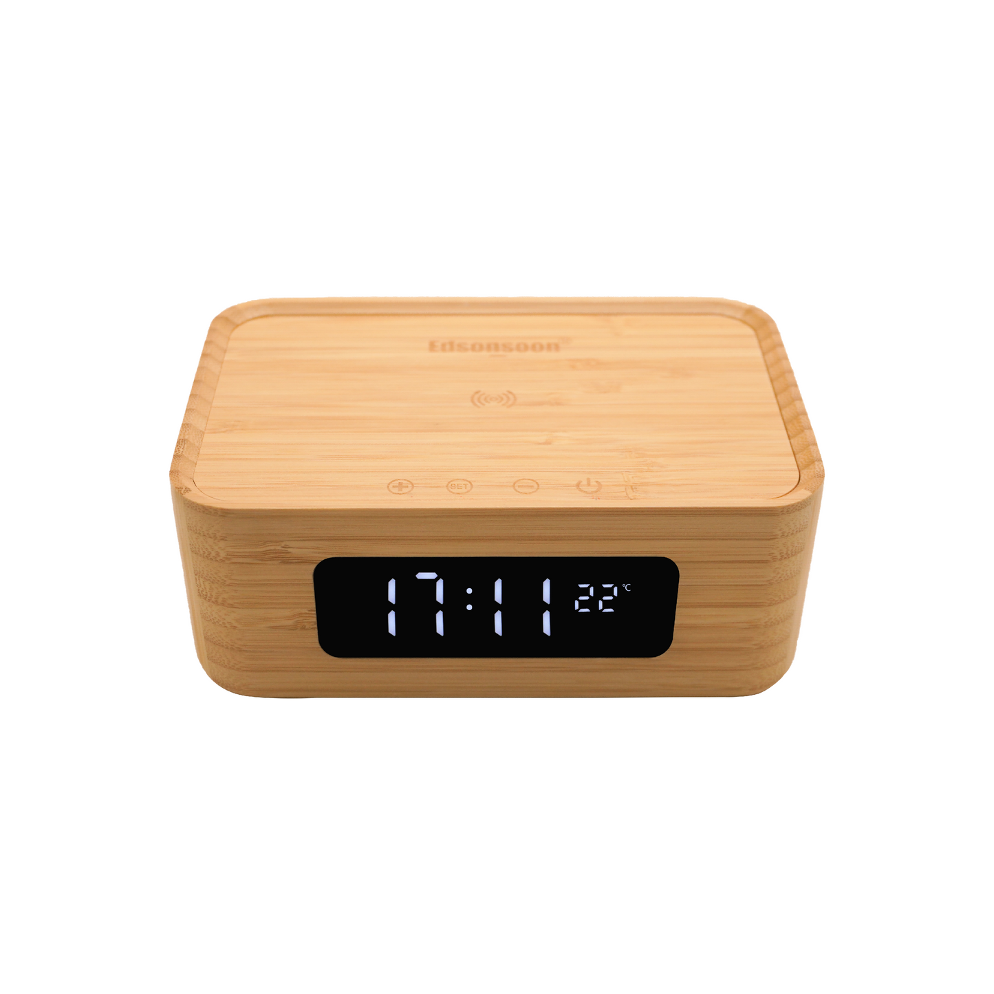 Edsonsoon MT612 4-in-1 Bamboo Smart Clock with Wireless Qi Fast Charger, Bluetooth Speaker, LED Display Alarm Clock, Multifunctional Wood Digital Clock for Bedroom, Office, Nightstand, Eco-Friendly Modern Design