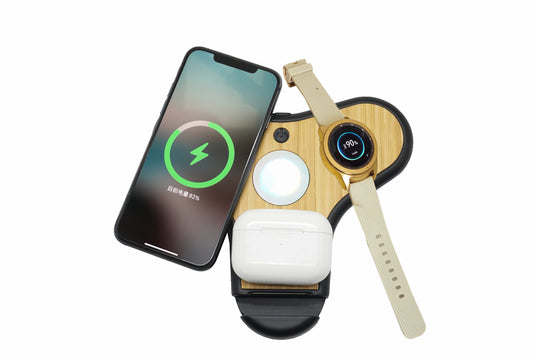 Edsonsoon MT559 4-in-1 Bamboo Wireless Charger – Phone Holder, Ambiance Lamp & Multiple Charging Stations
