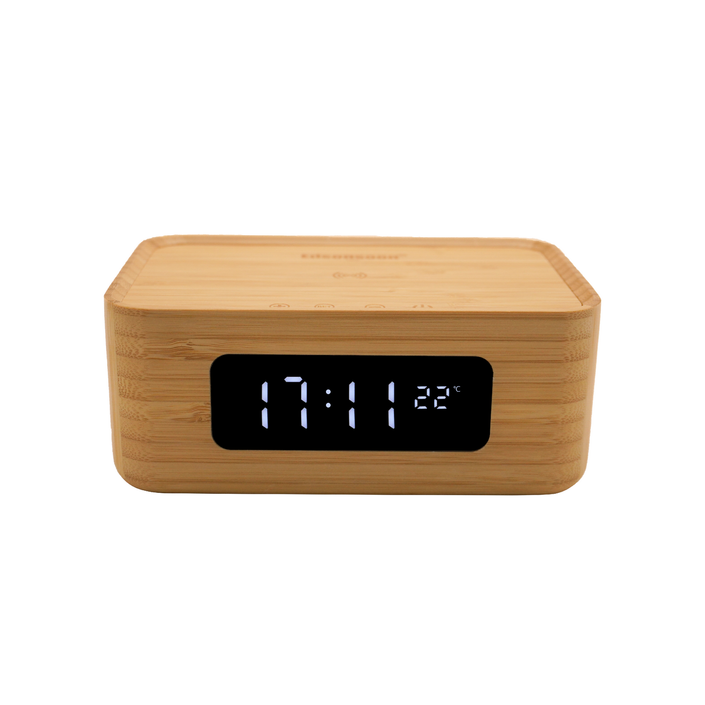 Edsonsoon MT612 4-in-1 Bamboo Smart Clock with Wireless Qi Fast Charger, Bluetooth Speaker, LED Display Alarm Clock, Multifunctional Wood Digital Clock for Bedroom, Office, Nightstand, Eco-Friendly Modern Design