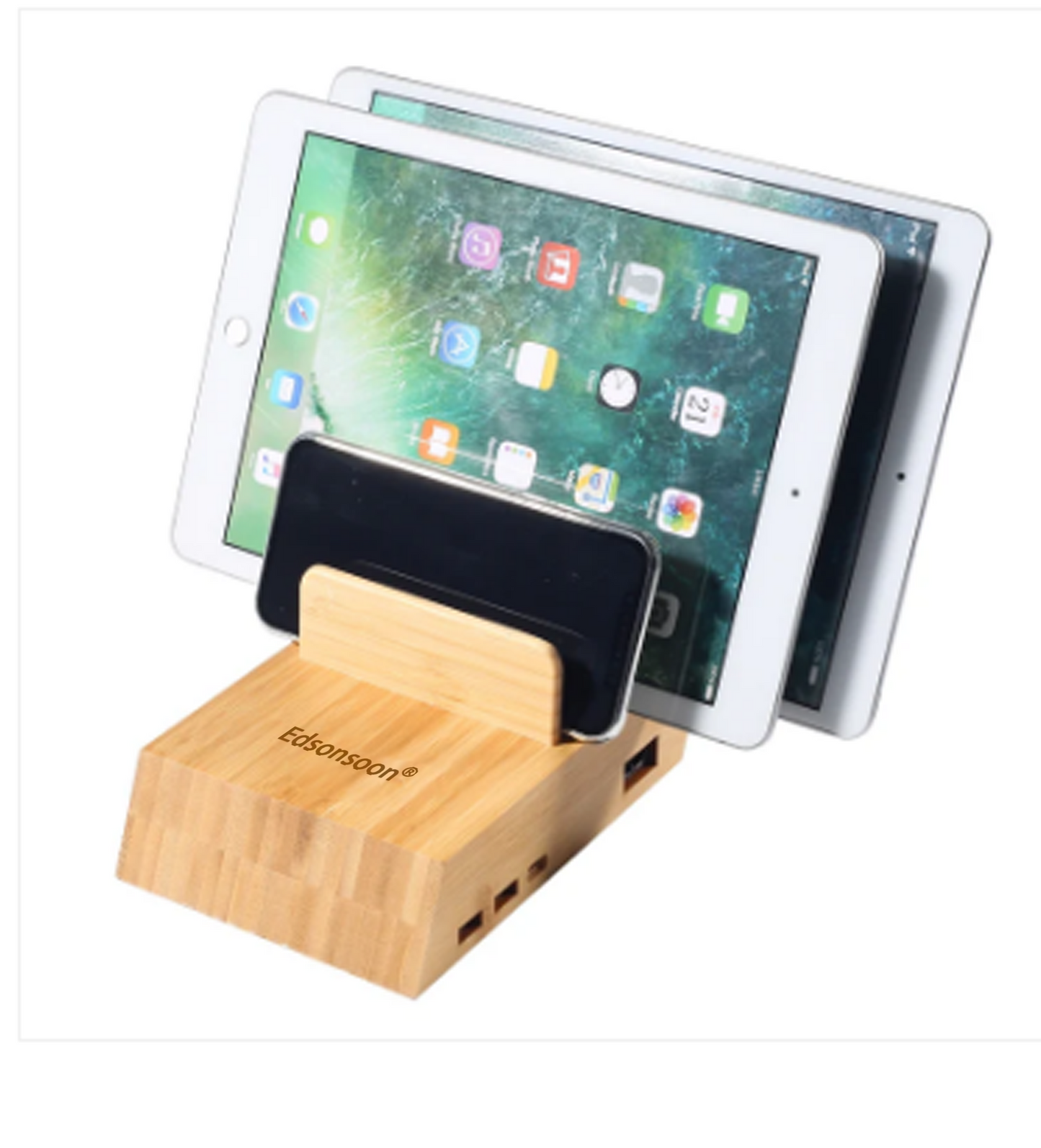 Edsonsoon MT514 Bamboo Wireless Charger with Multiple Outputs – Fast Charging Pad for iPhone, Samsung & Other Mobile Devices, Eco-Friendly Wooden Charging Station