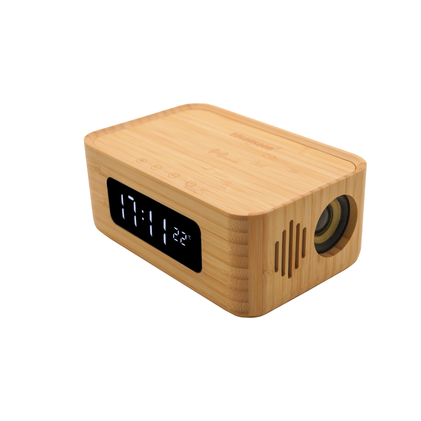 Edsonsoon MT612 4-in-1 Bamboo Smart Clock with Wireless Qi Fast Charger, Bluetooth Speaker, LED Display Alarm Clock, Multifunctional Wood Digital Clock for Bedroom, Office, Nightstand, Eco-Friendly Modern Design