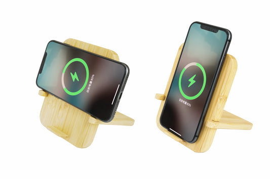 Edsonsoon MT565 Bamboo Wireless Charger with Custom Glow Logo & Phone Holder – 15W Fast Charging Dock