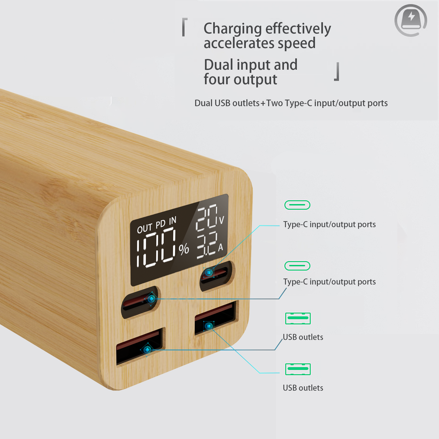 EDSONSOON MT616 Bamboo 20000mAh Power Bank | Dual Type-C PD20W + QC3.0 Fast Charging | Eco-Friendly Portable Charger