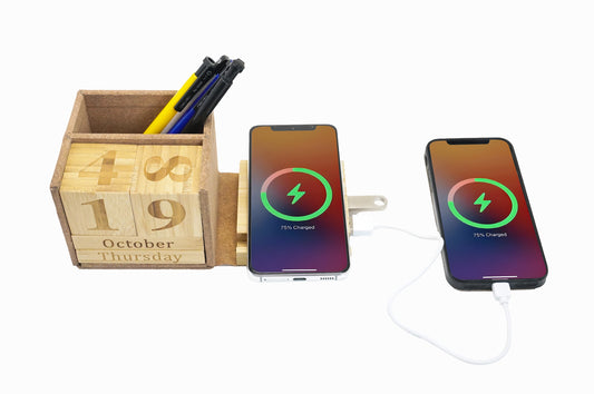 Edsonsoon MT556 Bamboo Wireless Charger with Calendar, Pen Holder & USB Ports – 5W/10W/15W Fast Charging