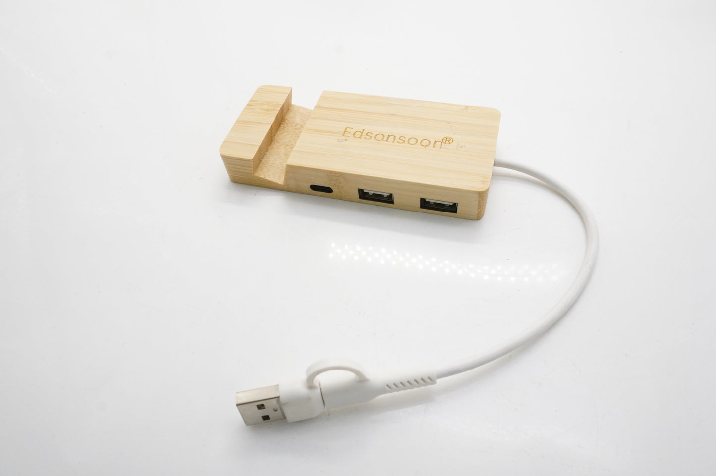 Edsonsoon MT525 Bamboo 3-Port USB Hub with Phone Holder – Type-C & USB Ports for Desktop & Office