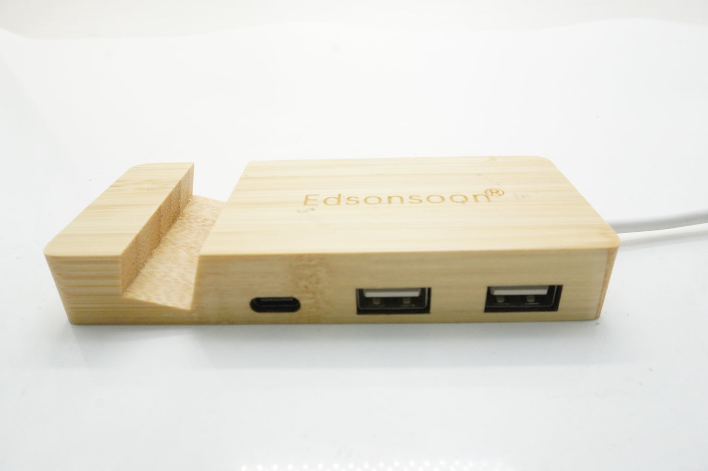 Edsonsoon MT525 Bamboo 3-Port USB Hub with Phone Holder – Type-C & USB Ports for Desktop & Office