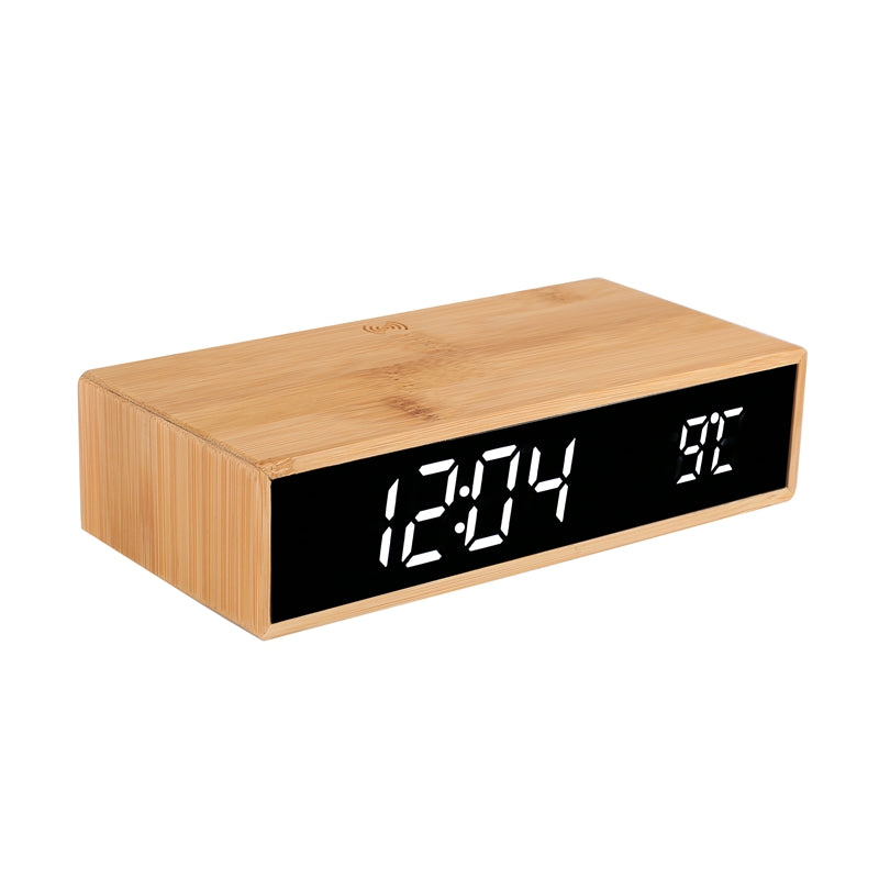 Edsonsoon MT526 Bamboo Wireless Charger with Alarm Clock – 10W Fast Charging Pad, Time/Date/Temperature Display, Eco-Friendly Wooden Design