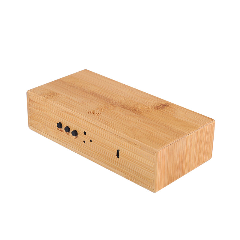 Edsonsoon MT526 Bamboo Wireless Charger with Alarm Clock – 10W Fast Charging Pad, Time/Date/Temperature Display, Eco-Friendly Wooden Design
