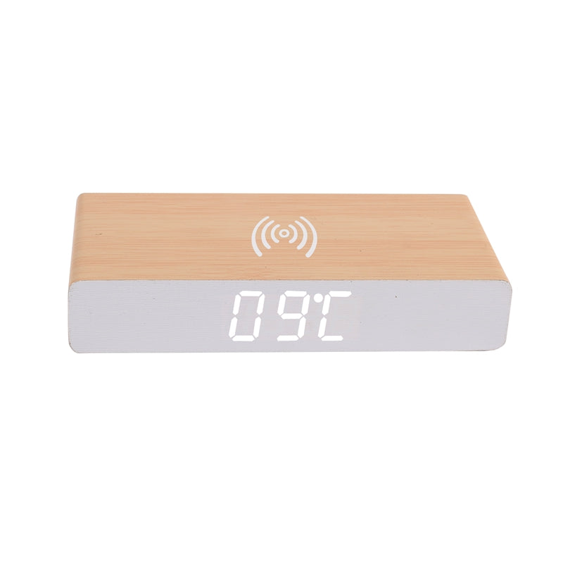 Edsonsoon MTA02 MDF Alarm Clock with Wireless Charger – 5W Charging Pad, Time/Date/Temperature Display, Modern Wooden Digital Clock