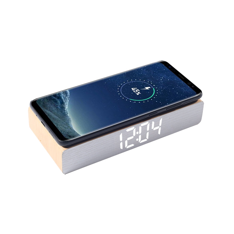 Edsonsoon MTA02 MDF Alarm Clock with Wireless Charger – 5W Charging Pad, Time/Date/Temperature Display, Modern Wooden Digital Clock