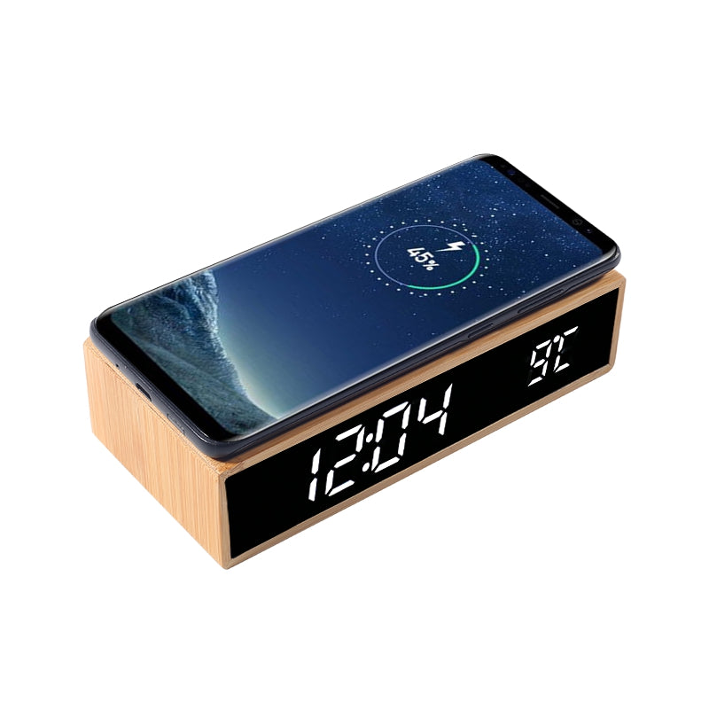 Edsonsoon MT526 Bamboo Wireless Charger with Alarm Clock – 10W Fast Charging Pad, Time/Date/Temperature Display, Eco-Friendly Wooden Design