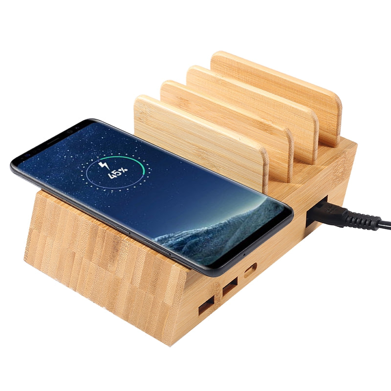 Edsonsoon MT514 Bamboo Wireless Charger with Multiple Outputs – Fast Charging Pad for iPhone, Samsung & Other Mobile Devices, Eco-Friendly Wooden Charging Station
