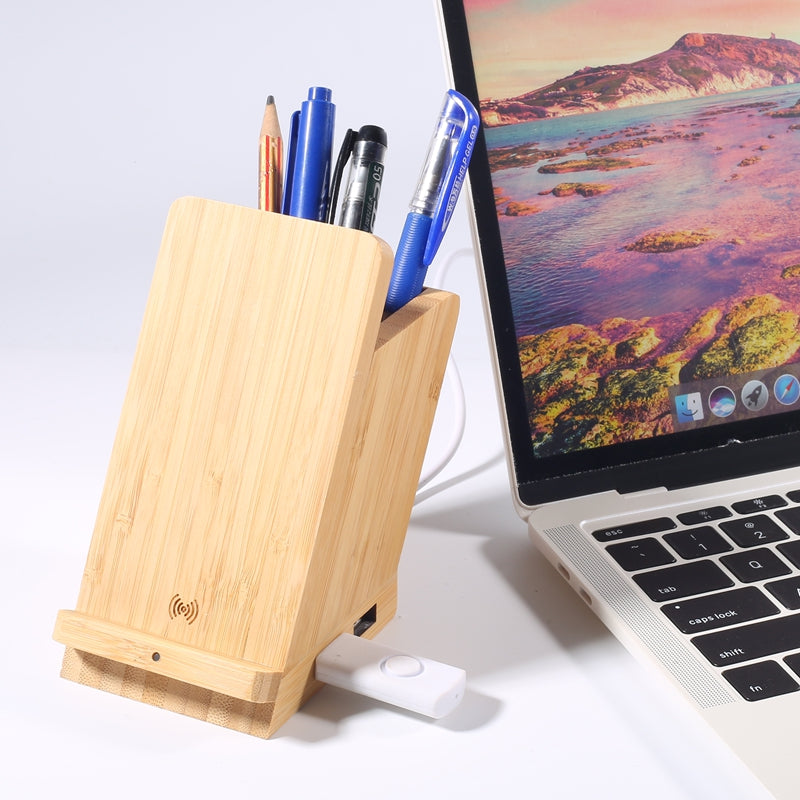 Edsonsoon MT512 Bamboo Multi-Function Wireless Charger with Pen Stand – Charging Pad, Desk Organizer & Holder for iPhone, Samsung & Qi-Enabled Devices