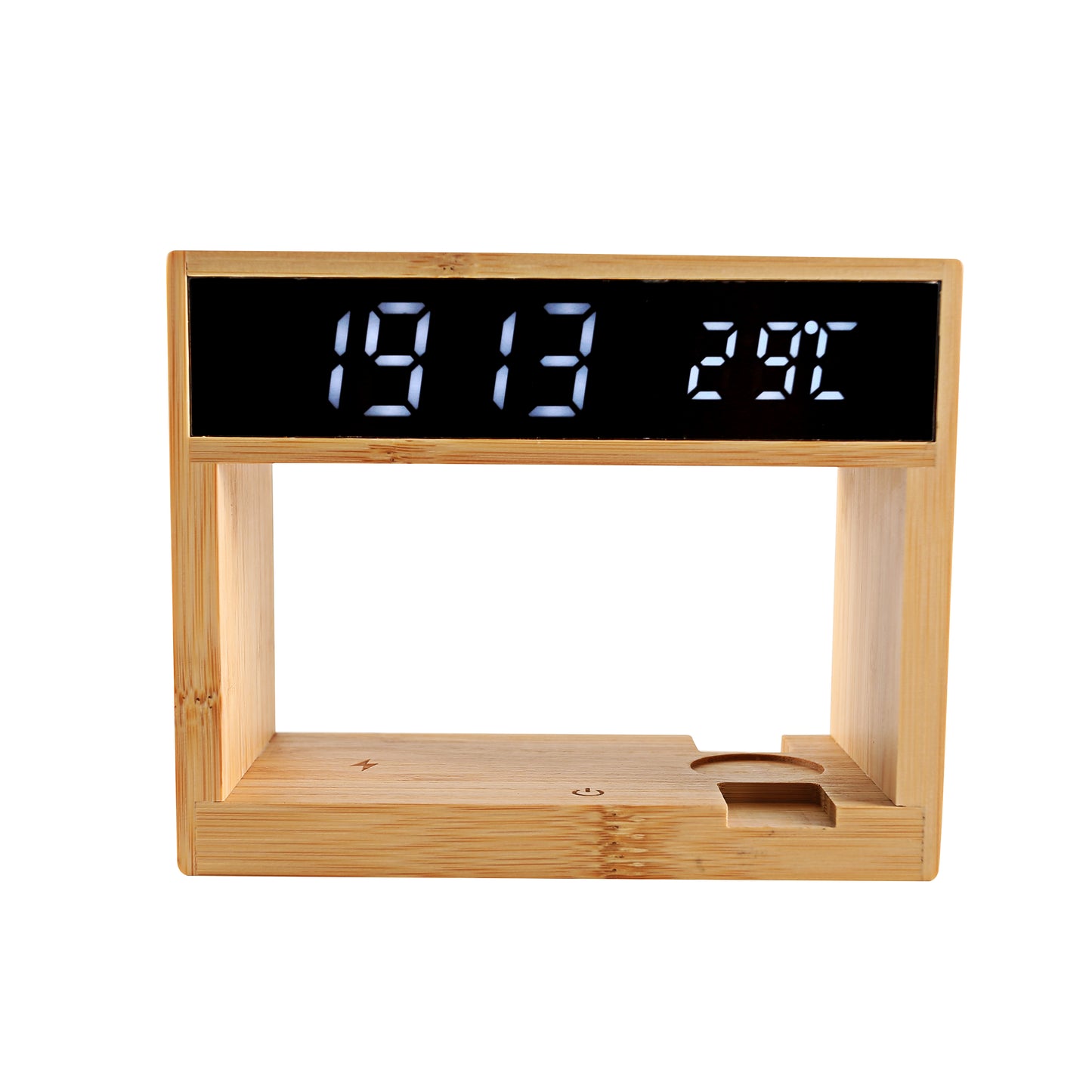 Edsonsoon MT503 Bamboo Wireless Charging Station with Alarm Clock, 15W Fast Phone Charger, Earbuds & Watch Charging Dock, Touch Control LED Table Lamp