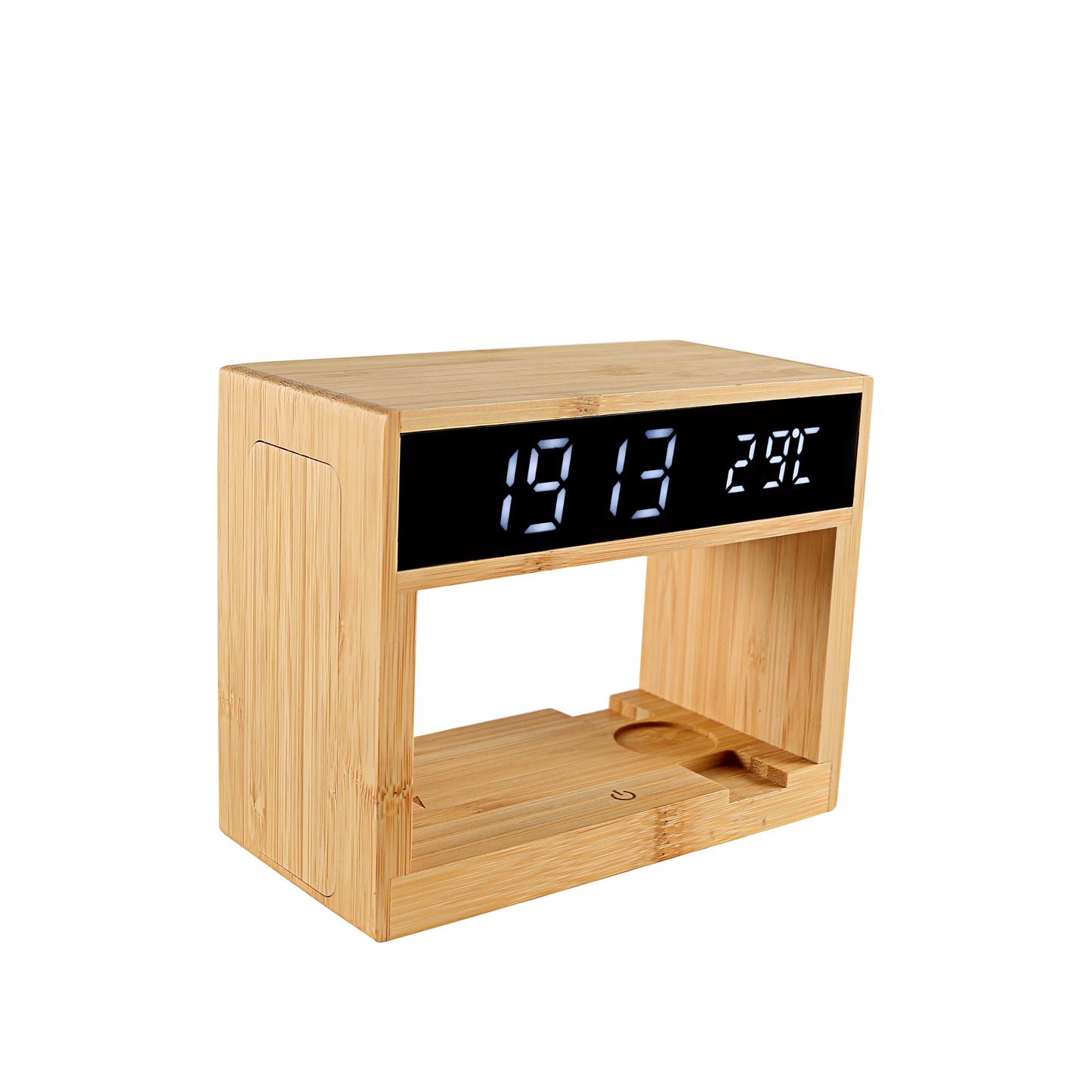 Edsonsoon MT503 Bamboo Wireless Charging Station with Alarm Clock, 15W Fast Phone Charger, Earbuds & Watch Charging Dock, Touch Control LED Table Lamp